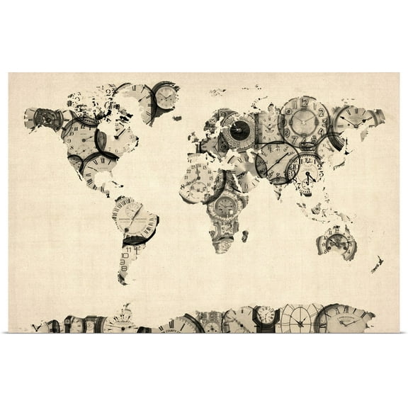 Great BIG Canvas | Rolled Michael Tompsett Poster Print entitled World Map made up of Clocks