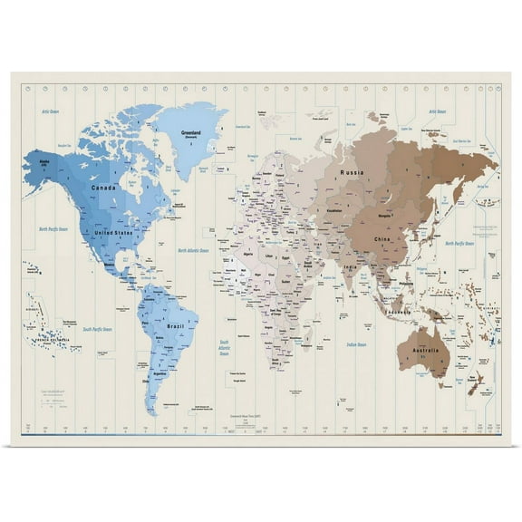 Great BIG Canvas | Rolled Michael Tompsett Poster Print entitled World Map showing timezones