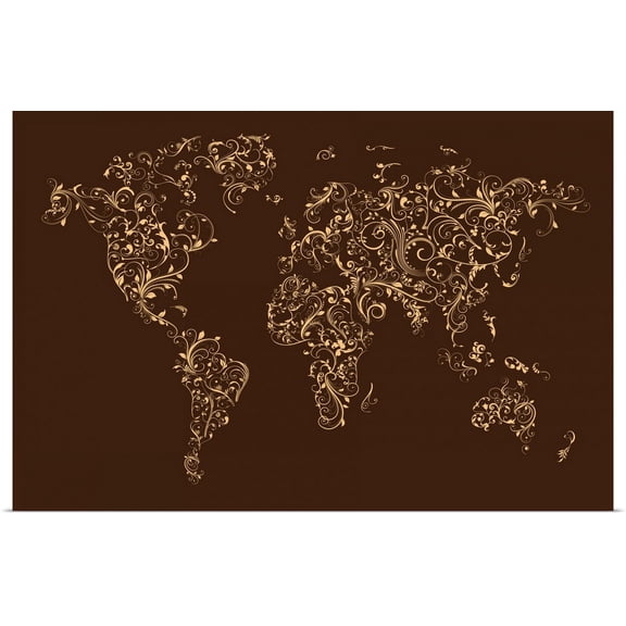 Great BIG Canvas | Rolled Michael Tompsett Poster Print entitled World map made up of Floral Swirls - brown background
