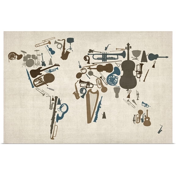 Great BIG Canvas | Rolled Michael Tompsett Poster Print entitled World map made up of Musical Instruments