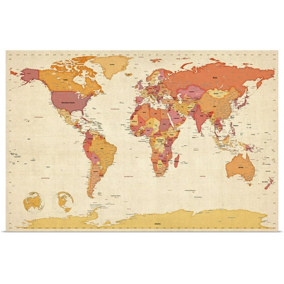 Great BIG Canvas | Rolled Michael Tompsett Poster Print entitled World map showing latitude and longitude - orange
