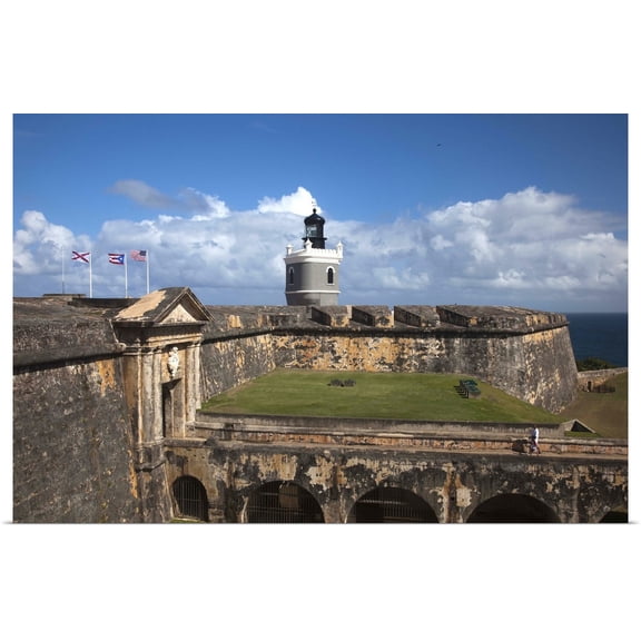 Great BIG Canvas | Rolled Walter Bibikow Poster Print entitled Puerto Rico, Old San Juan, El Morro Fortress, front entrance and lighthouse
