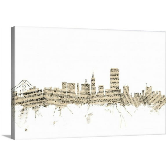 Great BIG Canvas | "San Francisco Skyline Sheet Music Cityscape" Canvas Wall Art - 48x32