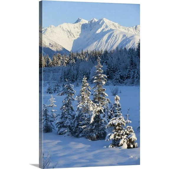 Great BIG Canvas | "Scenic view of Chugach Mountains and snowcovered landscape, Southcentral Alaska, Winter" Canvas Wall Art - 20x30