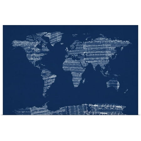 Great BIG Canvas | "Sheet Music World Map, Blue" Art Print - 48x32