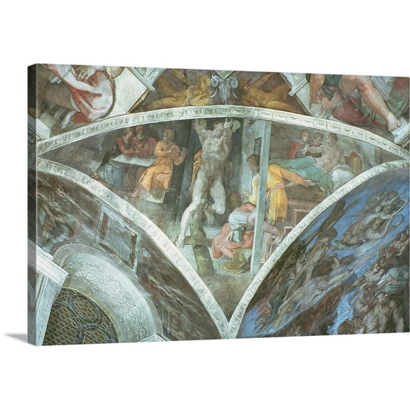 Great BIG Canvas | "Sistine Chapel Ceiling: Haman (spandrel) (pre restoration)" Canvas Wall Art - 36x24