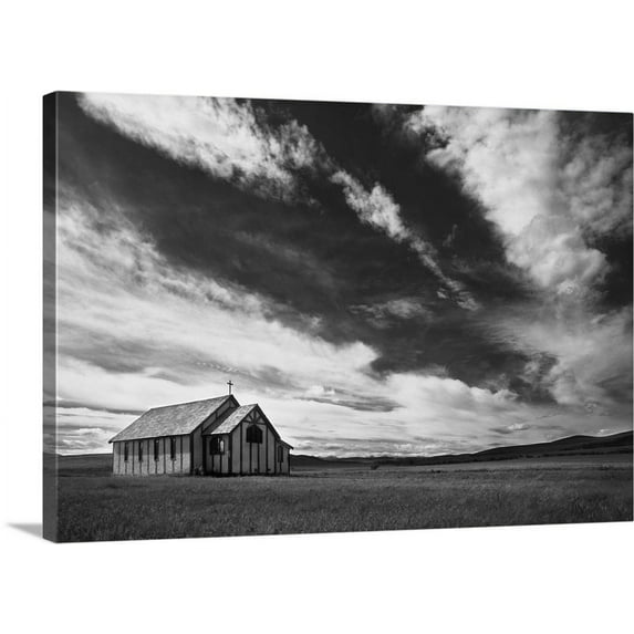 Great BIG Canvas | "Small Country Church In Grass Field In Black And White" Canvas Wall Art - 24x16