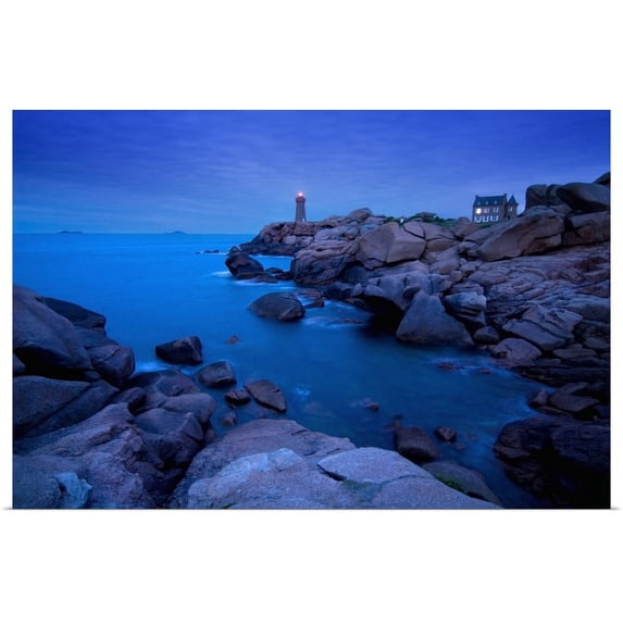 Great BIG Canvas | "Small Lighthouse And House At Dusk, Coastline Of France" Art Print - 48x32