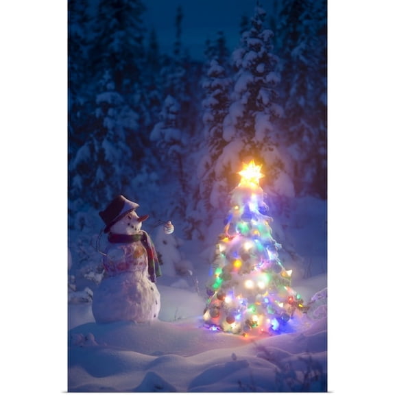 GBC | "Snowman stands in a snowcovered spruce forest next to a decorated Christmas tree" Art Print - 32x48