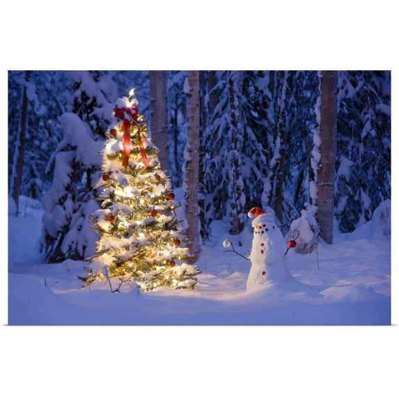 GBC | "Snowman with santa hat hanging ornaments on a Christmas tree" Art Print - 24x16