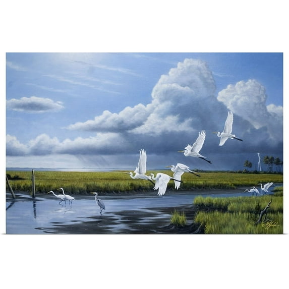 Great BIG Canvas | "Summer Storm Egrets" Art Print - 24x16