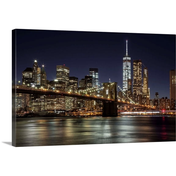 Great BIG Canvas | "The Brooklyn Bridge and view of NYC after dark" Canvas Wall Art - 48x32