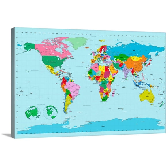 Great BIG Canvas | "Traditional world map on blue background" Canvas Wall Art - 48x32
