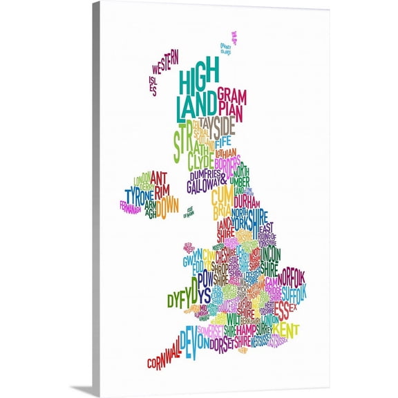 Great BIG Canvas | "UK Map make up of County names - rainbow colors" Canvas Wall Art - 24x36