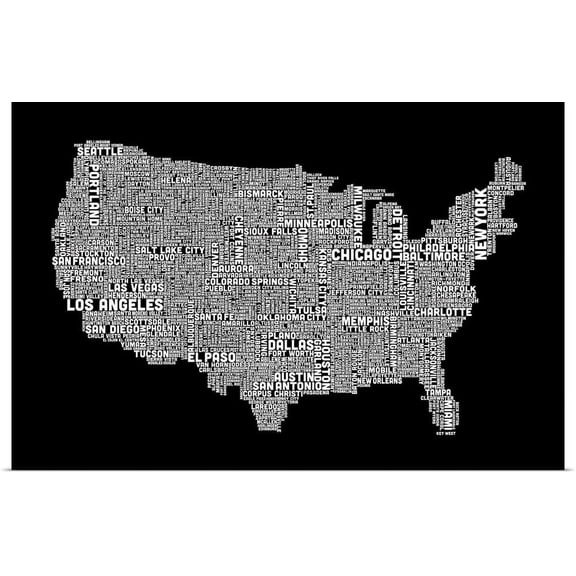 Great BIG Canvas | "United States Cities Text Map, Black and White" Art Print - 48x32