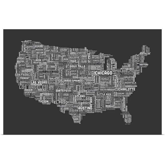 Great BIG Canvas | "United States Cities Text Map, Grey" Art Print - 48x32