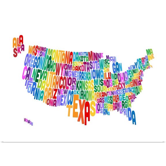 Great BIG Canvas | "United States Typography Text Map" Art Print - 24x18