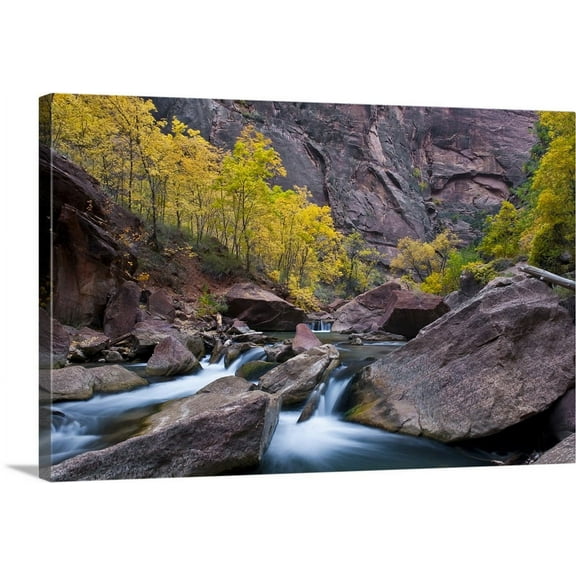 Great BIG Canvas | "Utah, Zion National Park, waterfall with cottonwood trees along Riverside Wal" Canvas Wall Art - 30x20