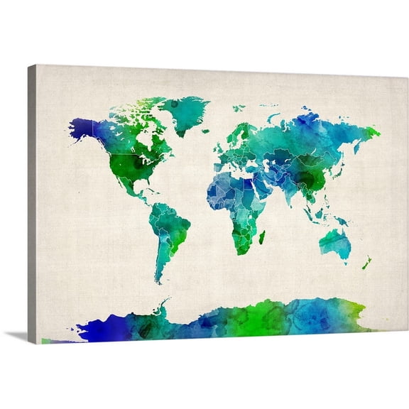 Great BIG Canvas | "Watercolor Map of the World, Green and Blue" Canvas Wall Art - 36x24