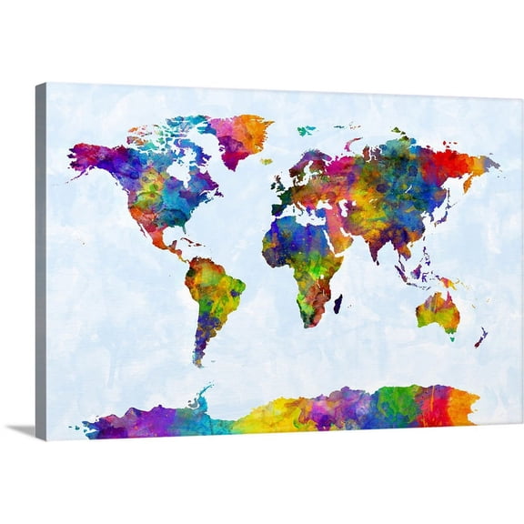 Great BIG Canvas | "Watercolor Map of the World Map" Canvas Wall Art - 24x16