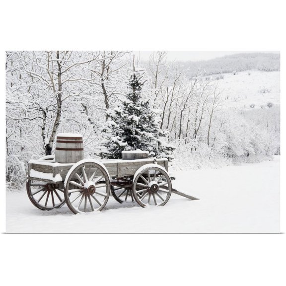 Great BIG Canvas | "Wooden Wagon And Trees Covered In Snow, Alberta, Canada" Art Print - 24x16