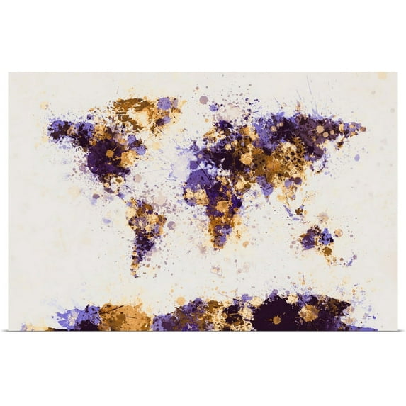 Great BIG Canvas | "World Map Paint Splashes, Yellow and Purple" Art Print - 36x24