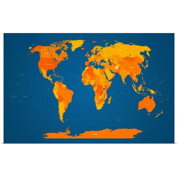 Great BIG Canvas | "World Map in Orange and Blue" Art Print - 48x32