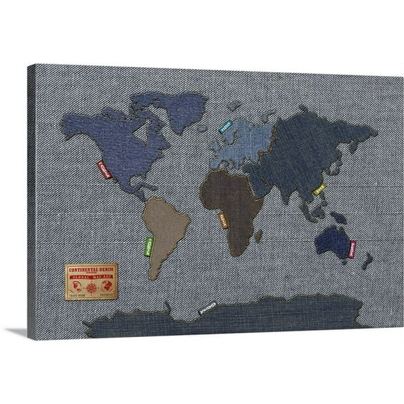 Great BIG Canvas | "World Map in the style of denim fabric" Canvas Wall Art - 30x20