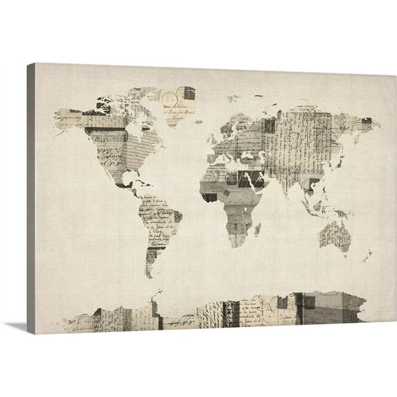 Great BIG Canvas | "World Map made up of vintage postcards" Canvas Wall Art - 24x16