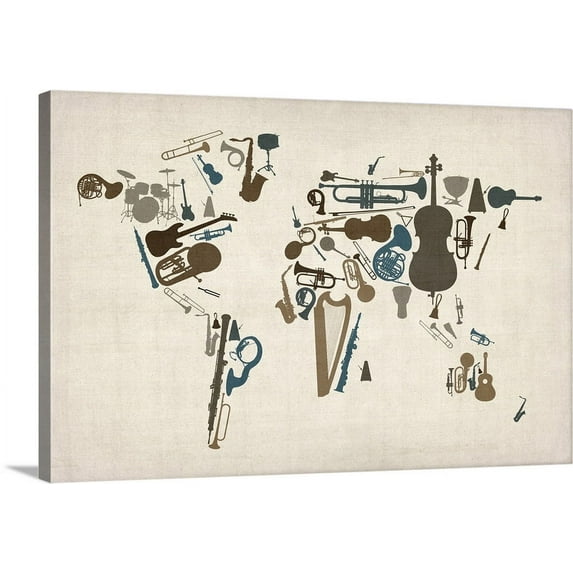 Great BIG Canvas | "World map made up of Musical Instruments" Canvas Wall Art - 48x32