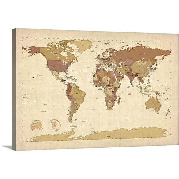 Great BIG Canvas | "World map showing latitude and longitude - brown" Canvas Wall Art - 24x16