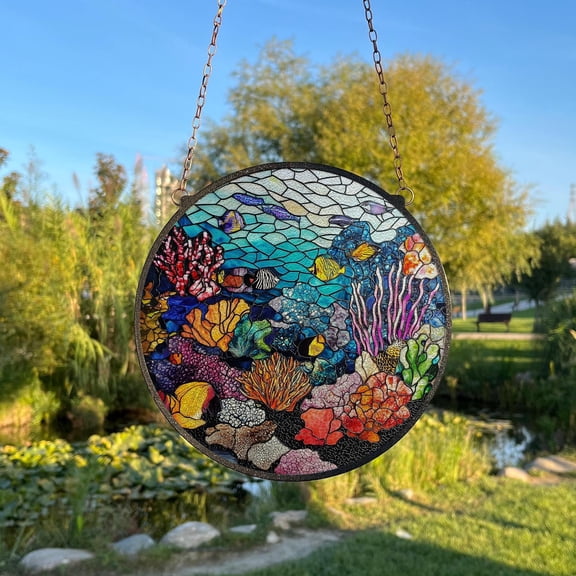Great Barrier Reef Painted Stained Glass Suncatcher, Window Hanging Decor, Outdoor Sun Catcher Decor, Mirrorball Wall Decor