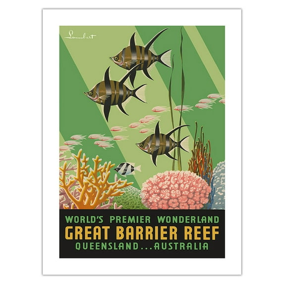 Great Barrier Reef - Queensland Australia - World's Premier Wonderland - Vintage Travel Poster by Noel Pasco Lambert c.1936 - Bamboo Fine Art 290gsm Paper Print (Unframed) 24x32in