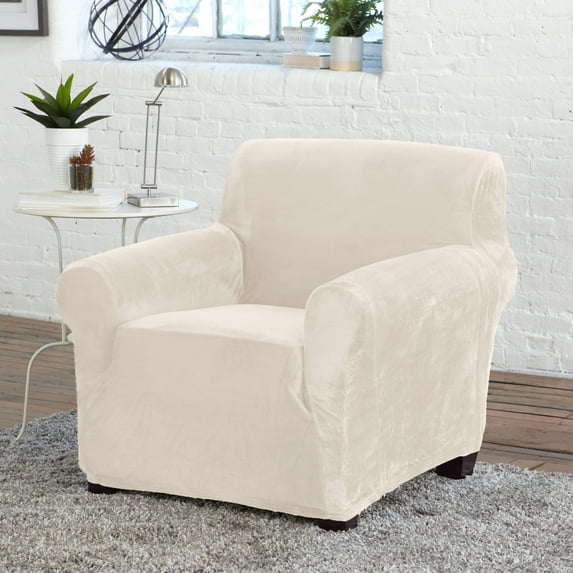 Great Bay Home 1-Piece Velvet Plush Solid Armchair Stretch Slipcover, White