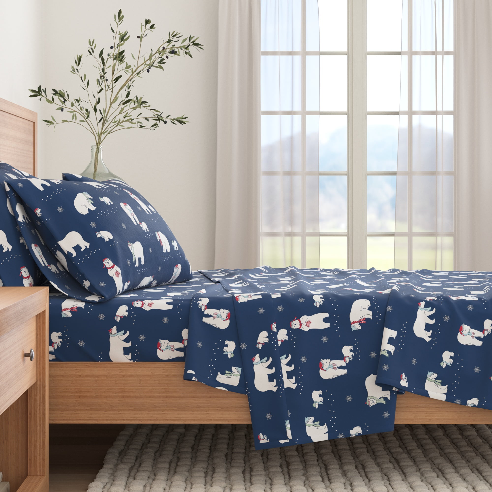 Full Size Navy Polar Bear Cotton Flannel Sheet Set