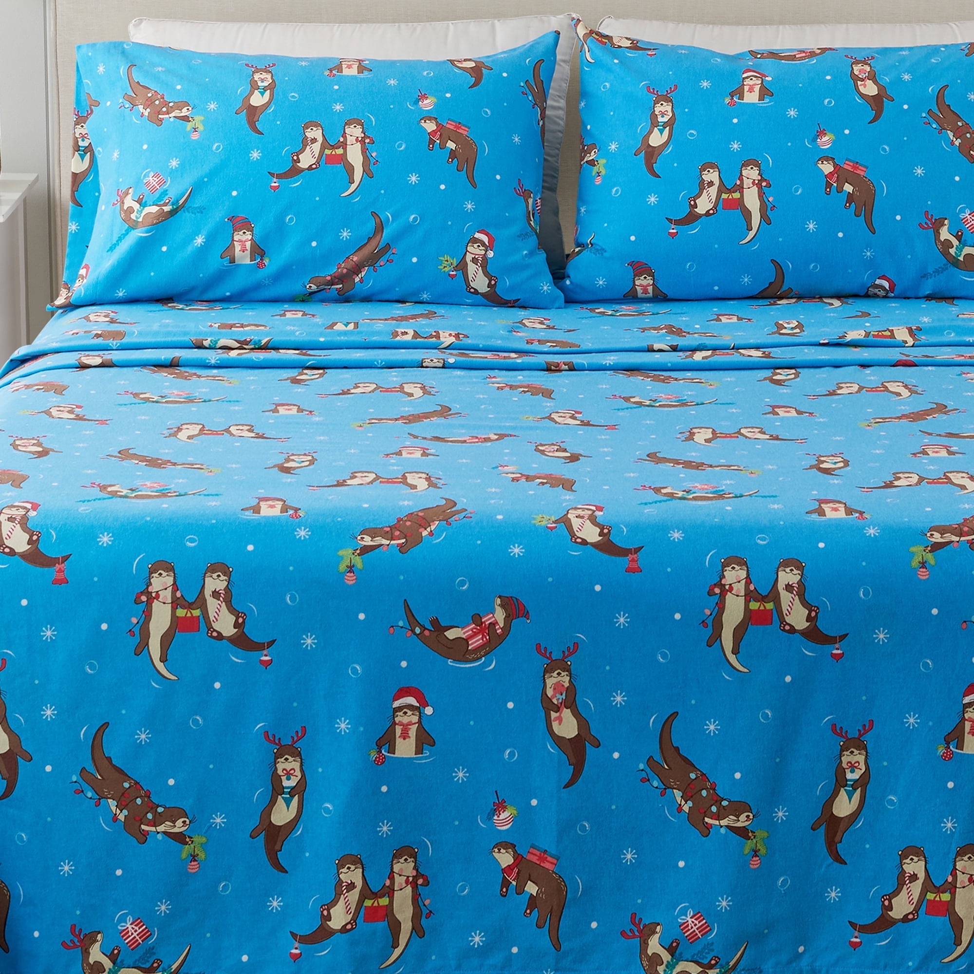 Full Size Otters in Snow Blue Cotton Flannel Sheet Set