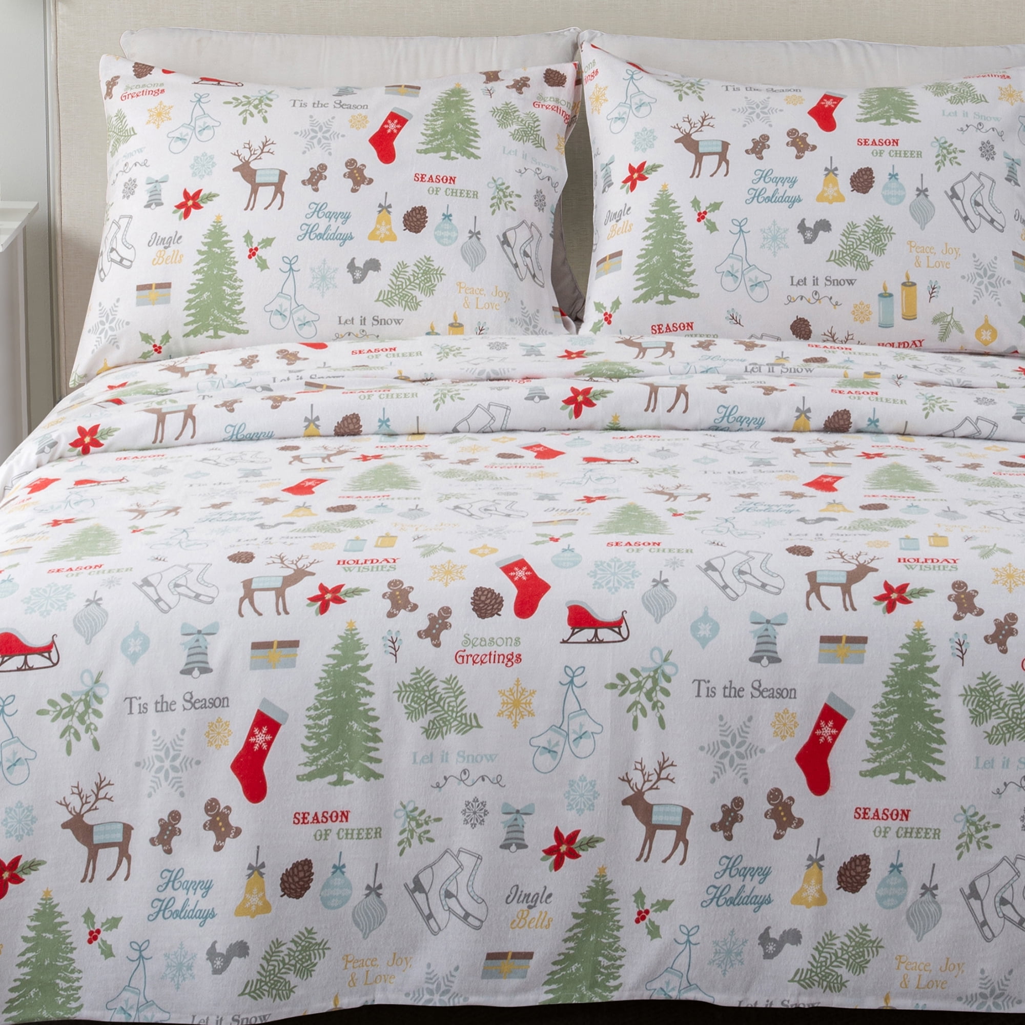 Great Bay Home 100 Cotton Holiday Flannel Sheet Set, Queen, 4 Pieces