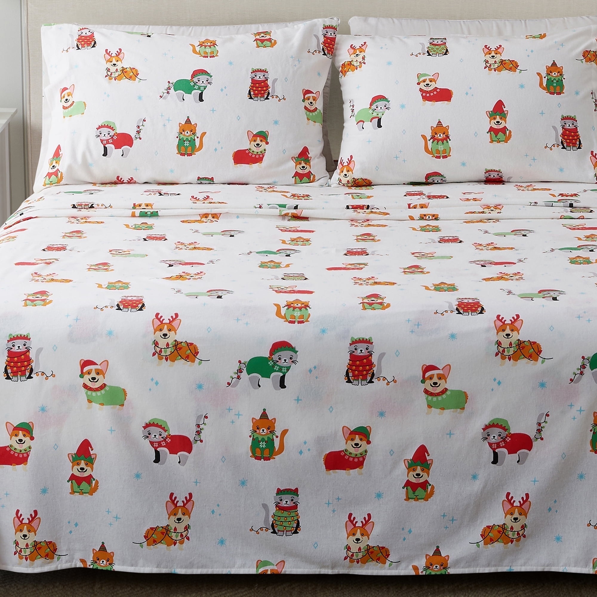 Queen Size Dog Cat Christmas Cotton Flannel Sheet Set