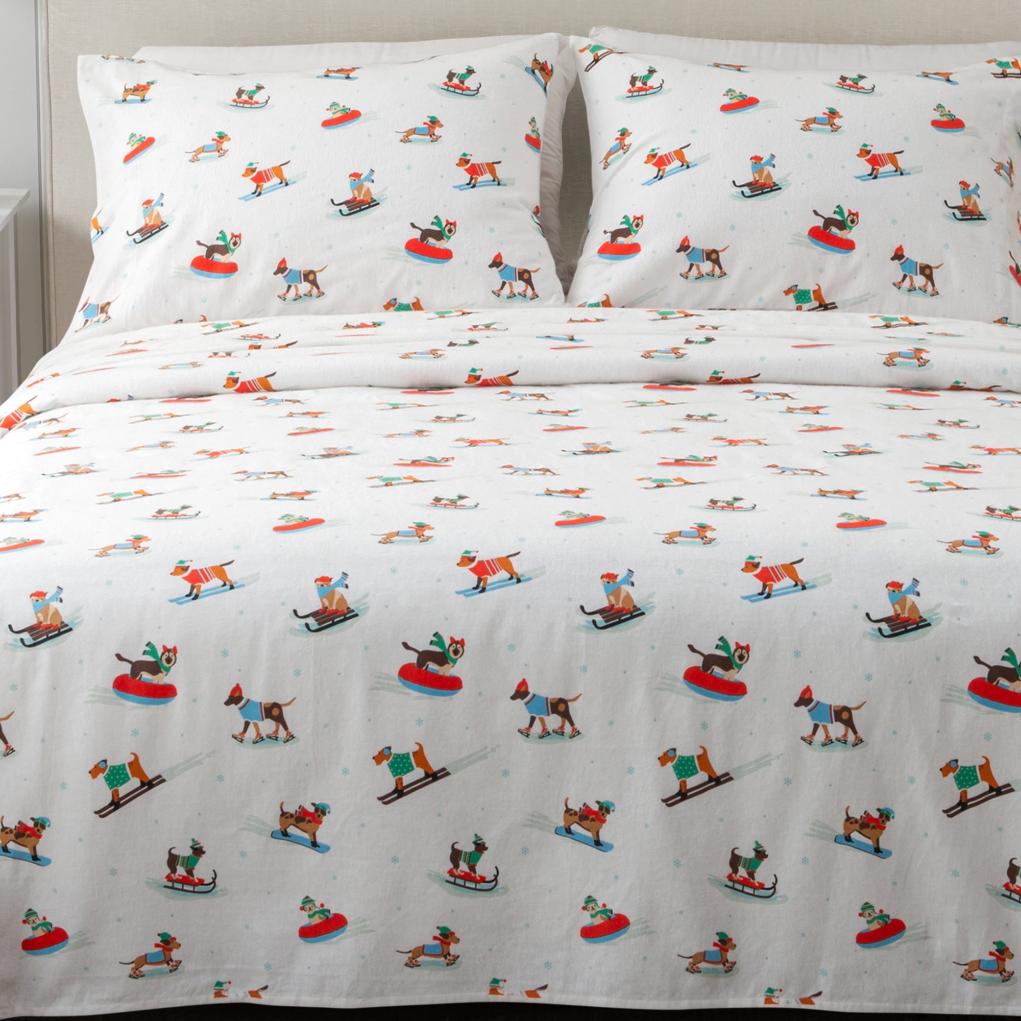 Queen Gray Cotton Flannel Holiday Print Sheet Set