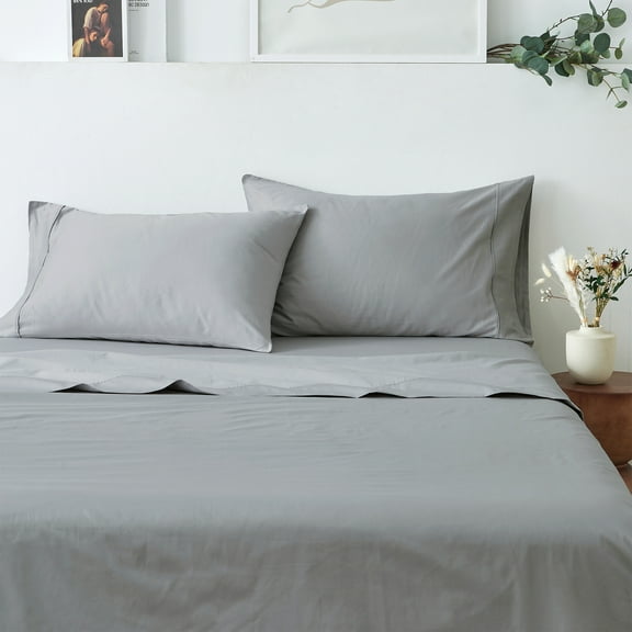 Great Bay Home 100% Cotton Sateen 4-Piece Bed Sheet Set (Fog Grey, Queen)