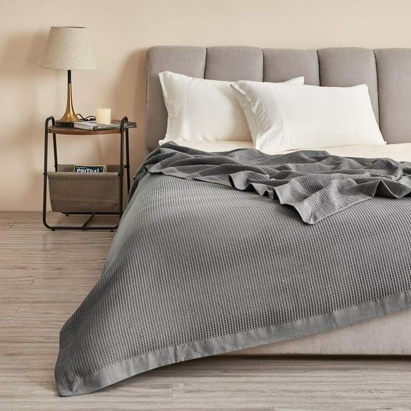 Great Bay Home 100% Cotton Soft All-Season Waffle Weave Knit Blanket (Full / Queen, Light Grey)