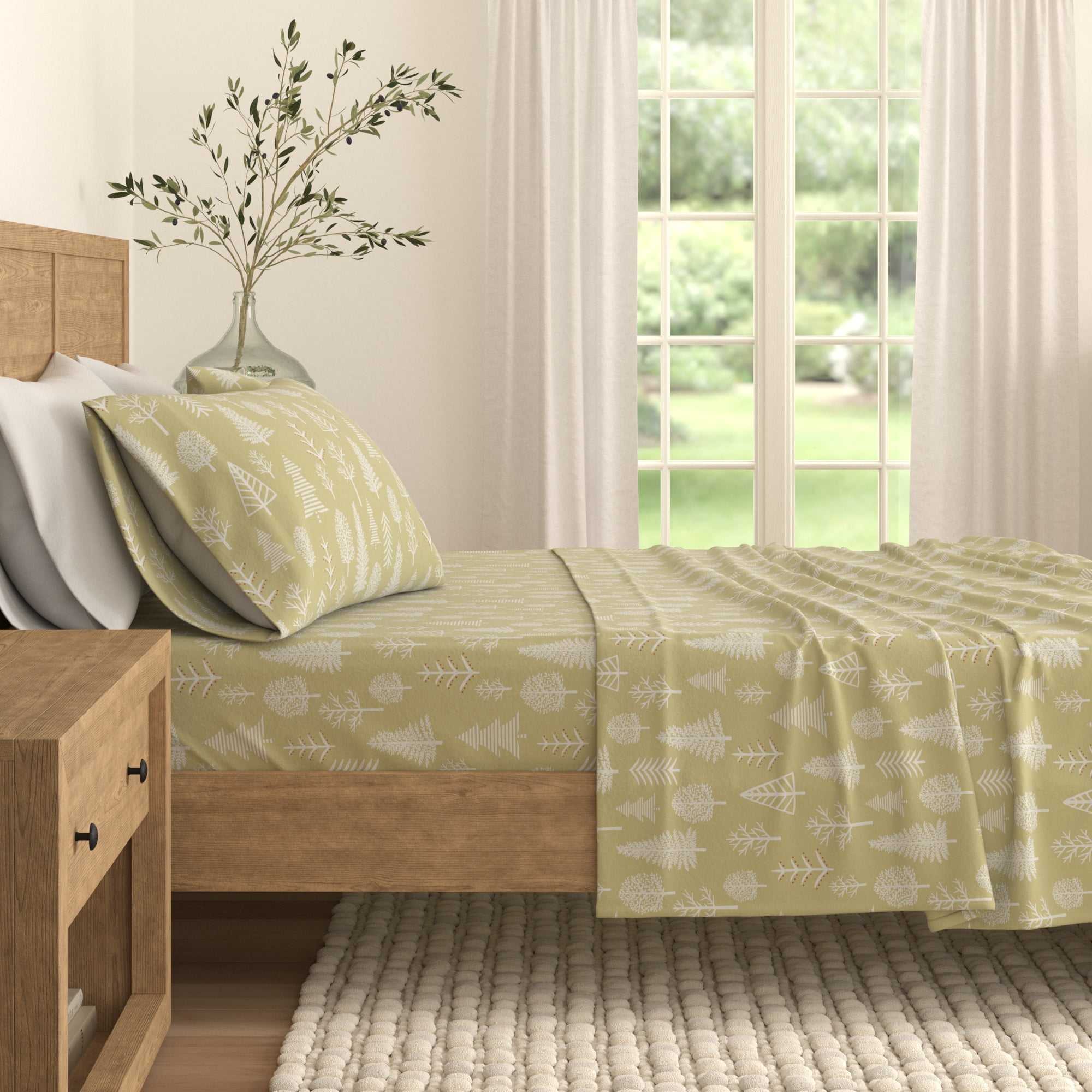 Twin Sage and Red Cotton Flannel Sheet Set