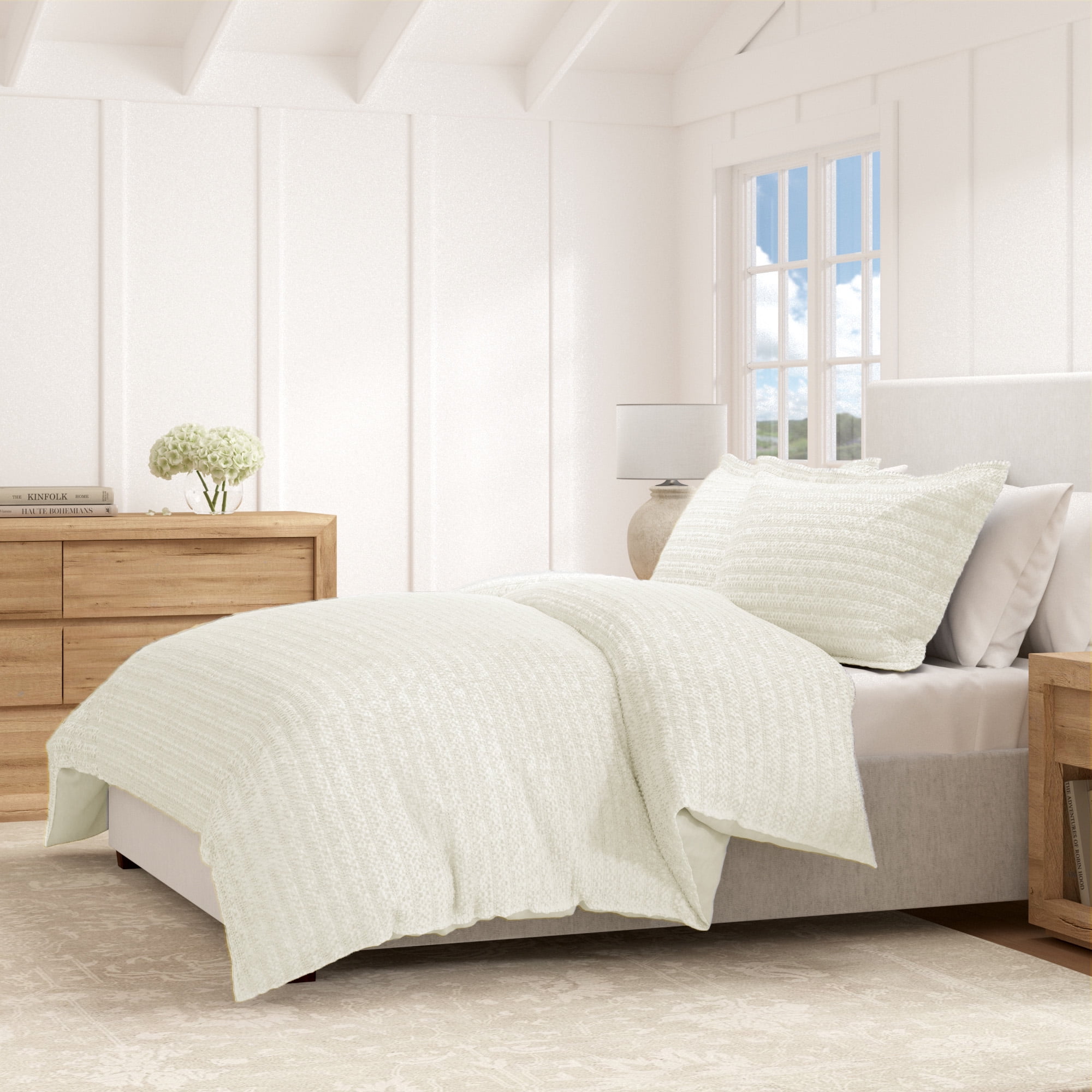 Natural Cotton Textured Waffle Weave Twin/Twin XL Duvet Cover Set
