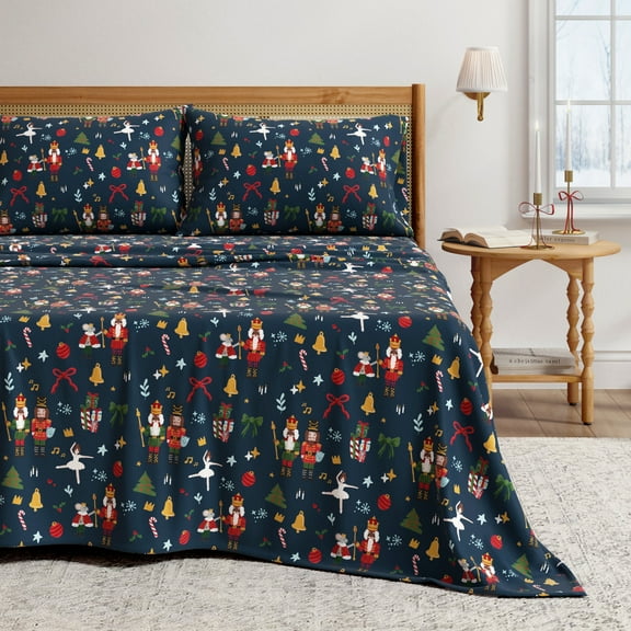 Great Bay Home 3-Piece 100% Turkish Cotton Flannel Sheet Set, Twin, Nutcracker