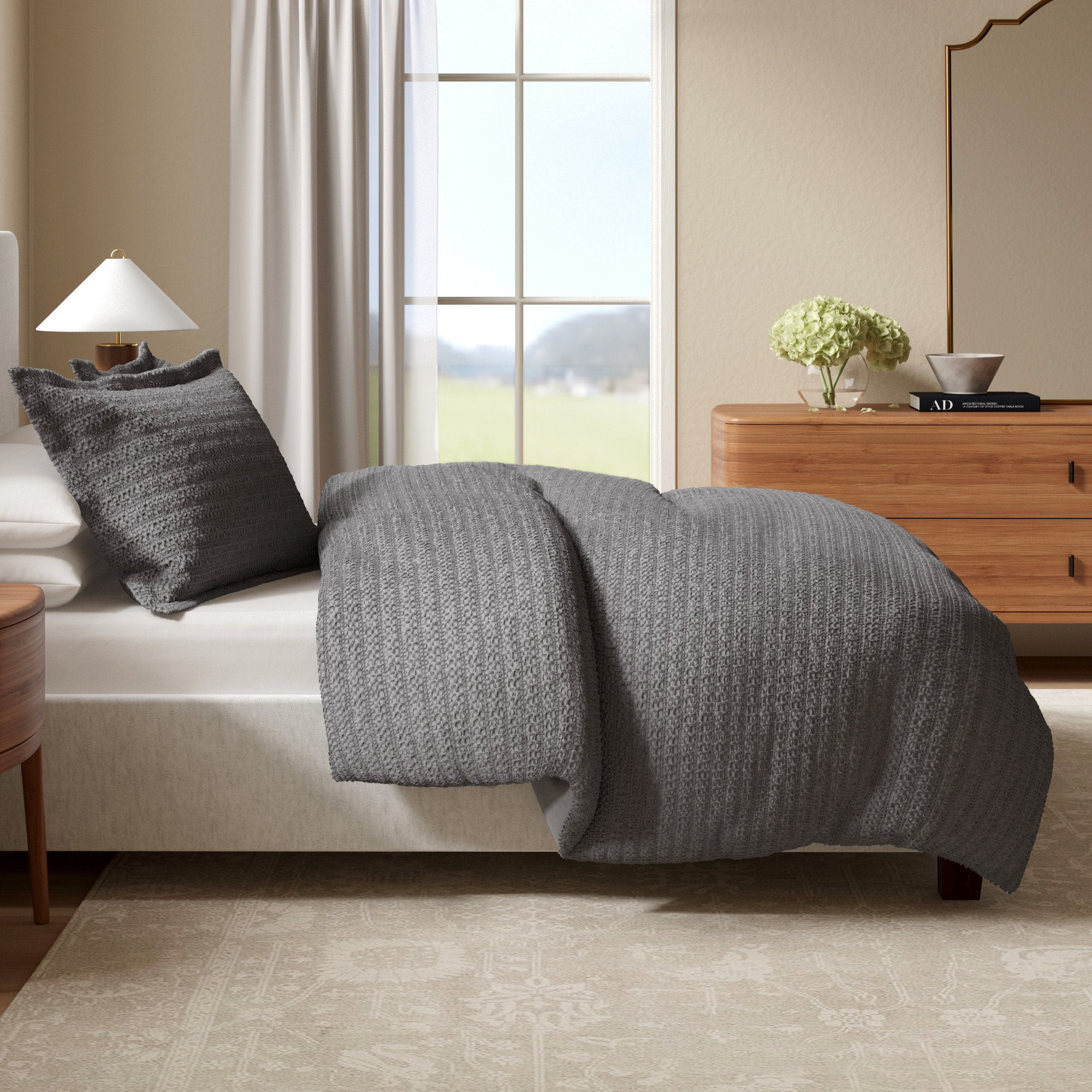 Full/Queen Grey Cotton Waffle Weave Duvet Cover Set