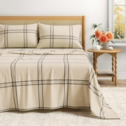 Great Bay Home 4-Piece 100% Turkish Cotton Flannel Sheet Set, King, Wide Plaid Blue & Tan