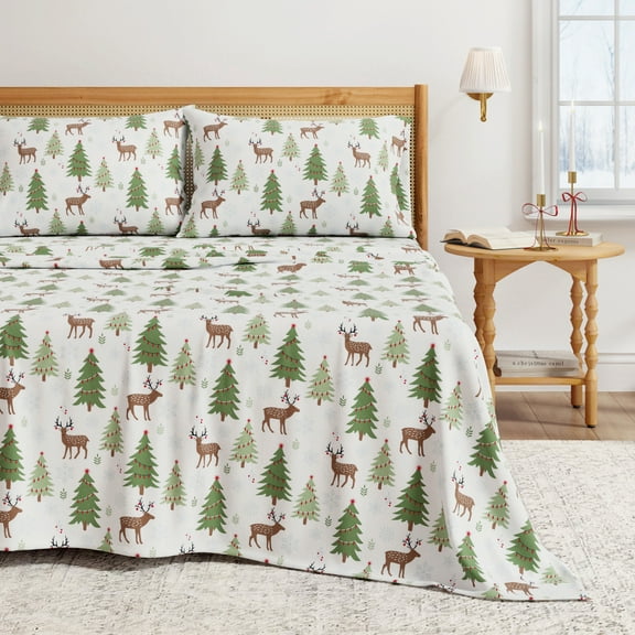 Great Bay Home 4-Piece 100% Turkish Cotton Flannel Sheet Set, Queen, Deer, Trees, & Snow