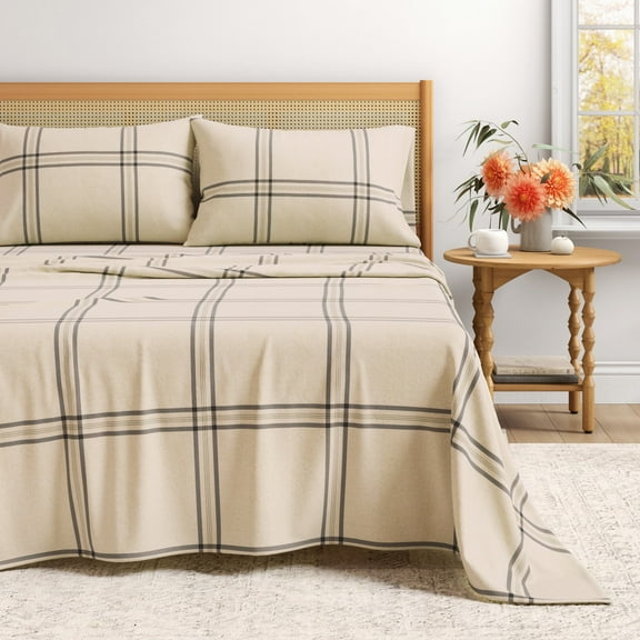 Great Bay Home 4-Piece 100% Turkish Cotton Flannel Sheet Set, Queen, Wide Plaid Blue & Tan