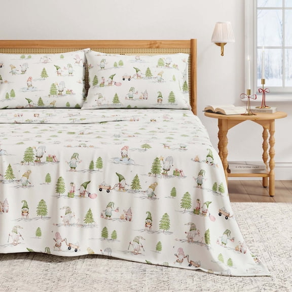Great Bay Home 4-Piece 100% Turkish Cotton Flannel Sheet Set, Queen, Yuletide Gnomes
