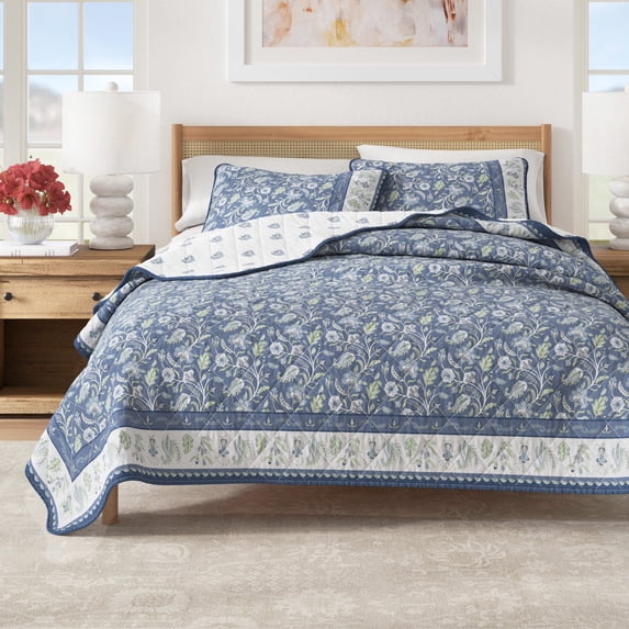 Floral Cotton Quilt Set - Lightweight, Soft, All-Season - 3-Piece Reversible Boho Bedding Set (Full / Queen, Regal Garden - Blue)